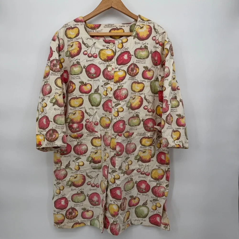 VTG Gianna Rose Apple Print Button Up Garden Artist Smock Cottage Core Nature OS - Picture 10 of 11